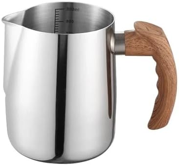 Milk Frother Cup,Coffee Jug,600/900ML Stainless Steel Milk Frothing Jug Precise Scale Wooden Handle Latte Coffee Cup Coffeeware Kitchen Cafe Accessories(Silver,900ML) by Unknown