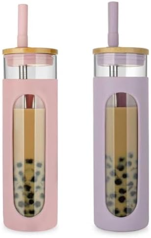 Tronco 26 oz Glass Tumbler with Lid & Straw, Reusable Iced Coffee Cups and Smoothie Cup with Bamboo Lid for Boba Tea, Coffee, Juice, BPA-Free Borosilicate Glass Cup for Home, Office & Gifts – 2 Pack by Tronco