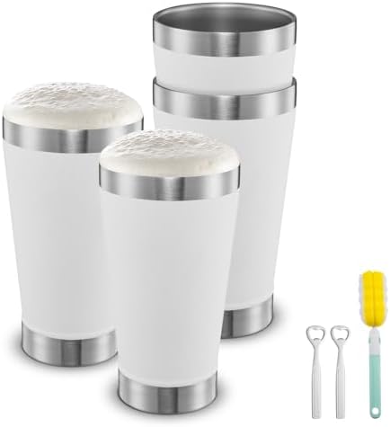 16 oz Beer Tumber Insulated Set of 4, Pint Glass Stainless Steel Double Walled, Stackable Cold Drinking Cup Mug Stein, White, Ideal for Beer Lover, Coffee, Outdoor by Unknown