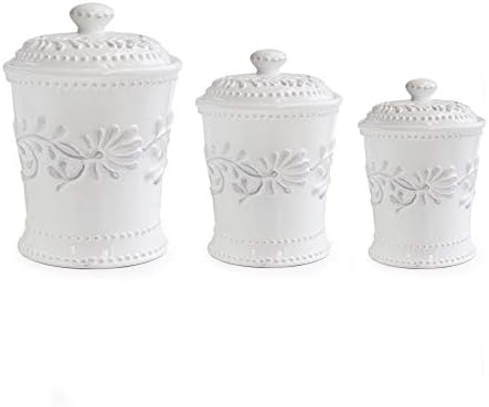 American Atelier Bianca Canister Set 3-Piece Ceramic Jars in 20oz, 48oz and 80oz Chic Design With Lids for Cookies, Candy, Coffee, Flour, Sugar, Rice, Pasta, Cereal & More, 7x10.25, White Leaf by American+Atelier