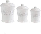 American Atelier Bianca Canister Set 3-Piece Ceramic Jars in 20oz, 48oz and 80oz Chic Design With Lids for Cookies, Candy, Coffee, Flour, Sugar, Rice, Pasta, Cereal & More, 7x10.25, White Leaf by American+Atelier