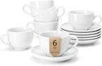Porcelain Coffee Cups Set with Saucer, 6 Ounce White Porcelain Cup and Saucer Set for Cappuccino, Coffee Latte, Coffee drinks and Tea, Set of 6 by Yedio