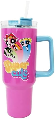 Spoontiques Stainless Steel Travel Mug, 40oz - Double Wall Insulation, Sturdy Handle, Sliding Lock Travel Lid - Powerpuff Girls by Spoontiques