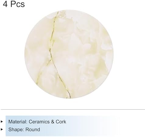 sourcing map 4Pcs Absorbent Coasters Yellow Marble Gilding Pattern Round Coaster with Cork Backing Non-Slip for Home Office 4inches. - Image 3