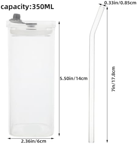 Square Glass Tumblers Portable Reusable Cups Made of Glass, Pp and Silicone 350ml with Lid and Straw 4pcs for Cold Drinks, Milk, Coffee, for Office Desk and Outdoor Activities - Image 2