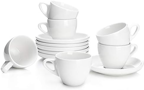 Sweese 4oz Porcelain Espresso Cups with Saucers, Set of 6 - Ideal for Espresso, Cappuccino, Latte, Tea - White by Sweese