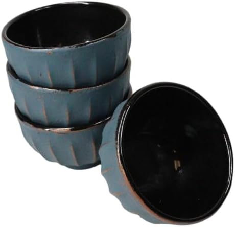 Ebros Gift Pack Of 4 Japanese Traditional Tetsubin Style Textured Surface Cast Iron Tea Cups Teacups Drinkware Tea Service Far East Decorative Accent (Blue And Gold Ridged Lines) - Image 2