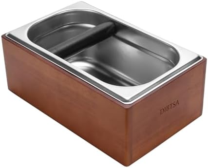 DIBTSA Knock Box Espresso, Coffee knockbox with Rubber Knock Bar and Anti-slip Pad, Commercial Use Large Capacity, Stainless Steel and Wooden, Espresso Accessory by DIBTSA