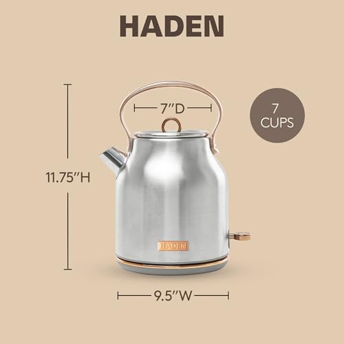 Haden Heritage 1.7 Liter Stainless Steel Electric Kettle, Hot Water Kettle with 360-Degree Base and Auto Shutoff, Steel & Copper - Image 4