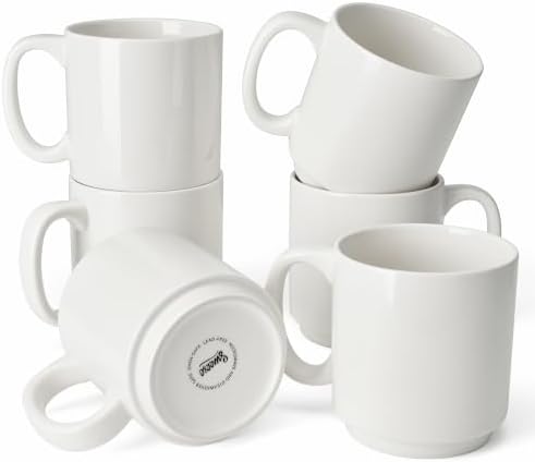 Sweese 10 Oz Stackable White Coffee Mug, Porcelain Coffee Mugs Sets of 6, Coffee Cups with Handle for Specialty Coffee Drinks, Cappuccino, Cafe Mocha, Latte and Tea, White by Sweese