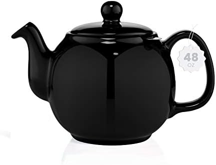 SAKI Large Porcelain Teapot, 48 Ounce Tea Pot with Infuser, Loose Leaf and Blooming Tea Pot - Black by SAKI