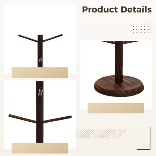 Freestanding Coffee Mug Tree with 6 Hooks, Wooden Kitchen Organizer, Space-Saving Design, Ideal for Countertops, Roast Color - Image 3