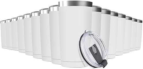 16 Pack 20oz Tumbler Vacuum Insulated Travel Mug with Lids, Stainless Steel Double Wall Bulk Cup for Home, Office, Outdoor Suitable for Vehicle Cup Holders (White) by Deitybless
