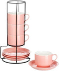 YOLIFE 8 Ounce Porcelain Stackable Cappuccino Cups and Saucers Set of 4 by YOLIFE