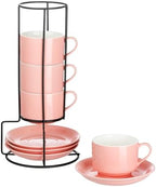 YOLIFE 8 Ounce Porcelain Stackable Cappuccino Cups and Saucers Set of 4 by YOLIFE