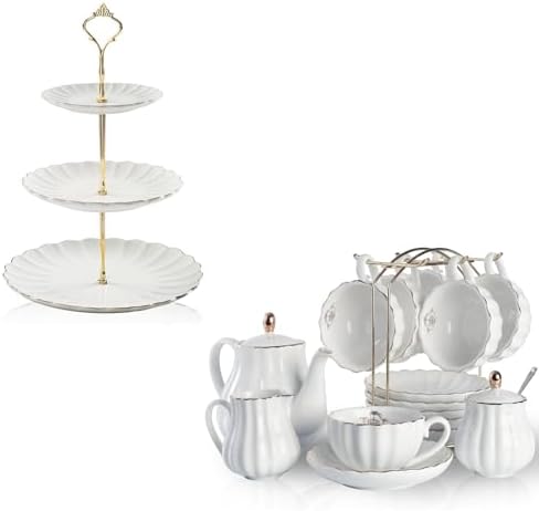 Sweejar Home Porcelain Tea Sets British Royal Series, 8 OZ Cups& Saucer Service for 6，3 Tier Ceramic Cake Stand Wedding, Dessert Cupcake Stand for Tea Party Serving Platter (White) by Sweejarco1949