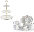 Sweejar Home Porcelain Tea Sets British Royal Series, 8 OZ Cups& Saucer Service for 6，3 Tier Ceramic Cake Stand Wedding, Dessert Cupcake Stand for Tea Party Serving Platter (White) by Sweejarco1949