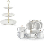 Sweejar Home Porcelain Tea Sets British Royal Series, 8 OZ Cups& Saucer Service for 6，3 Tier Ceramic Cake Stand Wedding, Dessert Cupcake Stand for Tea Party Serving Platter (White) by Sweejarco1949