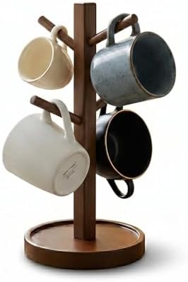 Sturdy Bamboo Mug Tree with Drip Tray, 4 Arm Rotating Cup Holder for Espresso & Cappuccino Cups, Compact Organizer for Home or Office, 11in by Unknown