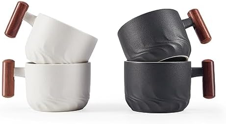 6oz Ceramic Espresso Cups with Wooden Handle, Small Coffee Cups for Latte Cappuccino, Tea Cups Set of 4 by CLASGLAZ