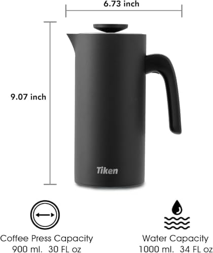 Tiken Black French Press Coffee Maker AND Black Insulated Tumbler, Stainless Steel Coffee Maker - Image 2