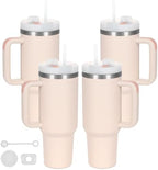 4 Pack 40 Oz Tumbler with Handle Bulk, Double Wall Vacuum Insulated Stainless Steel Tumbler with Lid and Straw, 40 oz cup with Silicone Spill Proof Stopper Set (Rose Quartz) by Temolulu