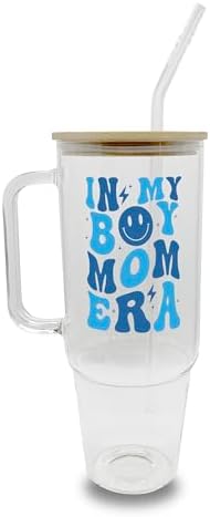 Sip-Sip Hooray! In My Boy Mom Era 40oz Glass Tumbler with Lid and Straw, Mom Life Iced Coffee Cup, Mother's Day for Boy Moms by Sip-SipHooray