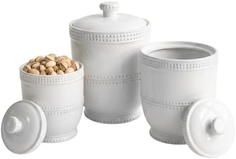 American Atelier Round Ceramic Canister Set Lids Bianca Bead, White 3 PC by American+Atelier