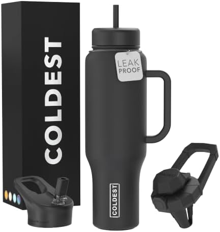 Coldest Tumbler with Handle and Straw - 100% Leak Proof Insulated Tumbler with Lid and Straw (3 Lids) - Stainless Steel Tumblers for Women & Men - Cup Holder Friendly Base, 46 oz (Stealth Black) by Coldest
