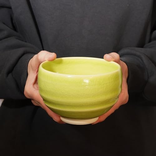 Kyoto Kiyomizu-yaki Earthenware Matcha Bowl - Rokuro Suji – 20.2 fl oz Charming Form, Lead-Free, Gift Box Included - Ideal for Tea and Café au Lait Made in Japan (Yellow Green) - Image 5