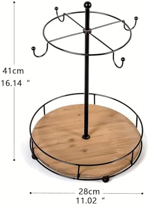 Farmhouse Coffee Mug Holder Tree with Wood Tray, Vintage Countertop Mug Rack, 4-Mug Holder, Rustic Coffee Cup Holder Tree, Tea Cup Storage Stand for Bar Kitchen Counter,Black - Image 3