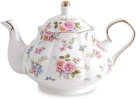 Agyiuns Flower Ceramic Teapot,22oz Porcelain Tea pot for Tea Coffee Milk for Office Home Men Women as Gift(White and small flowers) by Agyiuns