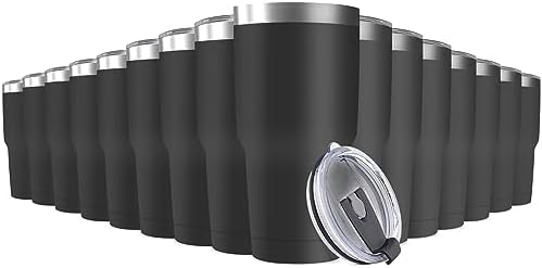 30oz Stainless Steel Travel Mug with Lid, 16 Pack Double Wall Vacuum Insulated Bulk Tumbler, Powder Coated Coffee Cup Suitable for Vehicle Cup Holders (Black) by Deitybless