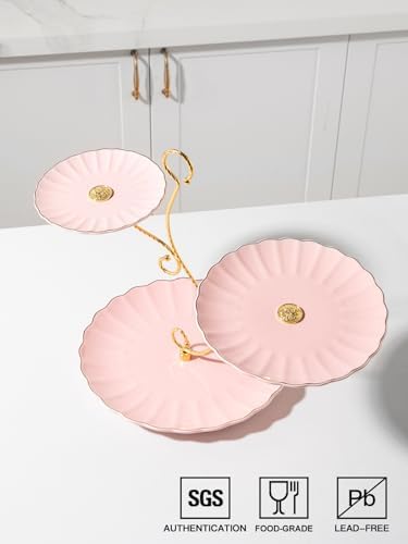 Sweejar 3 Tier Ceramic Cake Stand Wedding, Dessert Cupcake Stand for Tea Party Serving Platter (Milk Pink) - Image 2