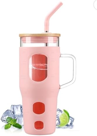 32oz Glass Tumbler with Handle and Straw, Bamboo Lid, Silicone Sleeve, Reusable Iced Coffee Cup for Travel, Home, Office (pink) by Unknown