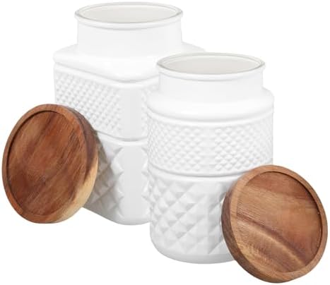 2pcs White Glass Storage Jars with Wooden Lid, 1800ml by Unknown