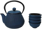 Ebros Gift Traditional Oriental Tetsubin Small Cast Iron 10oz Teapot With Strainer And 4 Mini Tea Cups 1oz Asian Fusion Housewarming Tea Service Drinkware Accent (Royal Blue Tokusa Geometry) - Image 6