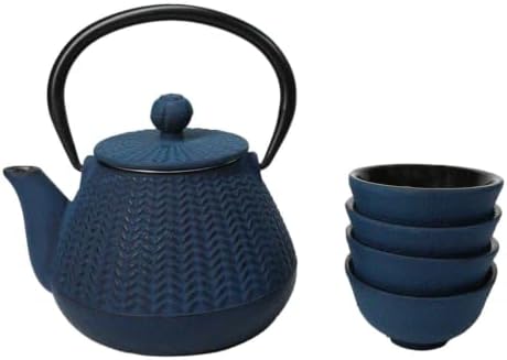 Ebros Gift Traditional Oriental Tetsubin Small Cast Iron 10oz Teapot With Strainer And 4 Mini Tea Cups 1oz Asian Fusion Housewarming Tea Service Drinkware Accent (Royal Blue Tokusa Geometry) - Image 6