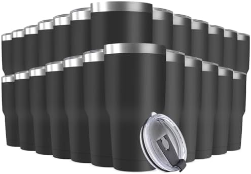 30oz Stainless Steel Travel Mug with Lid, 25 Pack Double Wall Vacuum Insulated Bulk Tumbler, Powder Coated Coffee Cup Suitable for Vehicle Cup Holders (Black) by Deitybless