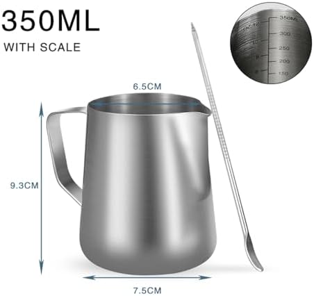 Milk Frother Cup,Coffee Jug,2pcs Milk Frother Jug Stainless Steel Container 100ML 350ML 600ML Frothing Pitcher Coffee Cups Latte Barista Espresso Maker Accessory(350ML With Scale) - Image 2