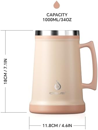 Ideus Insulated Beer Stein, 24/34oz Stainless Steel Double Walled Beer Mug Giant Bar Drinkware Metal Beer Cup with Big Grip Handle (Pale Nude, 34 ounces (1,000ml)) - Image 4