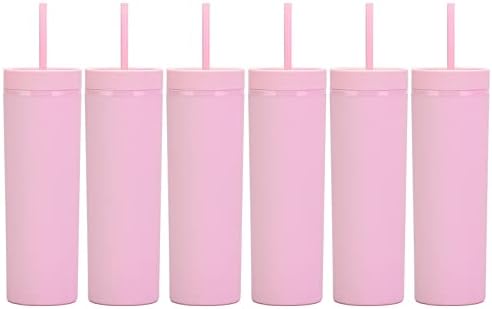 16oz Skinny Tumblers Bulk.Matte Light Pink Tumblers with Lids and Straws.Double Walled Plastic Acrylic Pastel Tumbler Cups for Iced Coffee Smoothie.DIY Slim Tumbler. by Essasea
