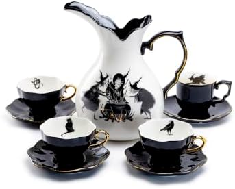 Potter's Studio Witches Brew Pitcher, 4 Assorted Halloween Tea Cup and Saucer Sets with Gold Trim by Unknown