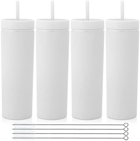 Volhoply 20oz Plastic Skinny Tumblers Bulk 4 Pack,Double Wall Tumbler with Lid and Straw,Reusable Travel Iced Coffee Mug,BPA Free Matte Acrylic Water Cups With Straw for Party,DIY Gifts(White,4 Set) by LiveFully%EF%BC%8CDrinkFreely%E2%80%94KeepGoingwithVolhoply%EF%BC%81