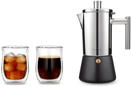 Easyworkz Double Walled Glass Coffee Mugs and Diego Stovetop Espresso Make 6Cup 10 oz by Easyworkz