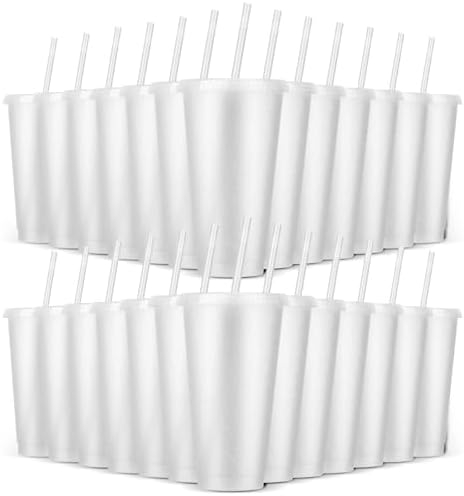 24 Pack Plastic Tumblers with Lids and Straw, Reusable Cups with Lids and Straws White Cups for Cold Drink Iced Coffee, Plastic Tumbler Bulk for Party Birthday Gifts (24 oz, White) by LEIFEOSH