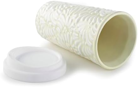 Handcrafted Talavera Ceramic Travel Mug with Silicone Lid, 16 oz, 6.5 Inch Tall, Mexican Embossed Pottery Coffee Tumbler – Artisan Texture & Relief Design (Desert Cream) - Image 3