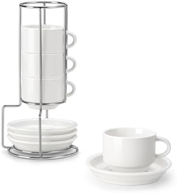 MALACASA 2.5 OZ Porcelain Espresso Cups with Saucers and Metal Stand Set of 4, Stackable Cappuccino Cups, White Expresso Shots Cup Set for Coffee Drinks, Latte, Tea by MALACASA