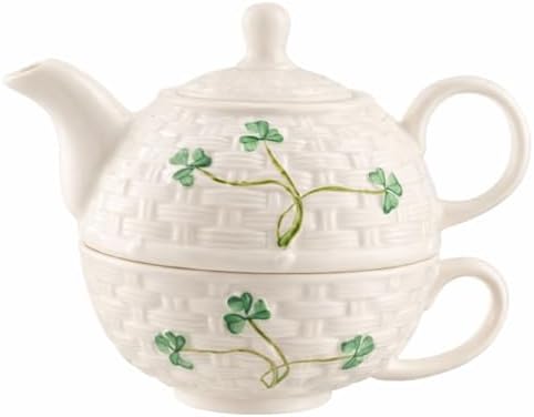 Belleek Classic Shamrock Tea for One Set, Handcrafted Teapot and Cup, Parian China Ceramic Tea Set, Microwave Safe, White by Belleek