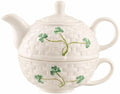 Belleek Classic Shamrock Tea for One Set, Handcrafted Teapot and Cup, Parian China Ceramic Tea Set, Microwave Safe, White by Belleek